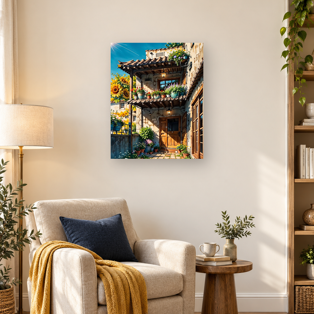 Sunlit rustic house courtyard with terracotta roofs, potted flowers, lanterns, and large sunflowers — 03_lifestyle_hero