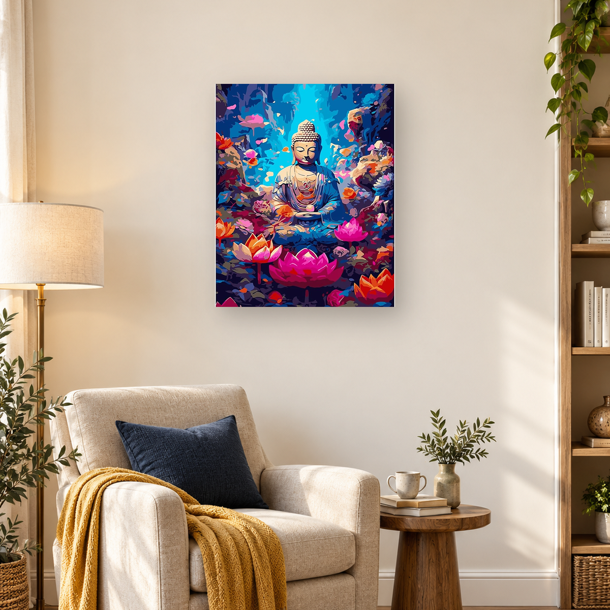 Colorful seated Buddha meditating among pink and orange lotus flowers in a blue pond — 03_lifestyle_hero
