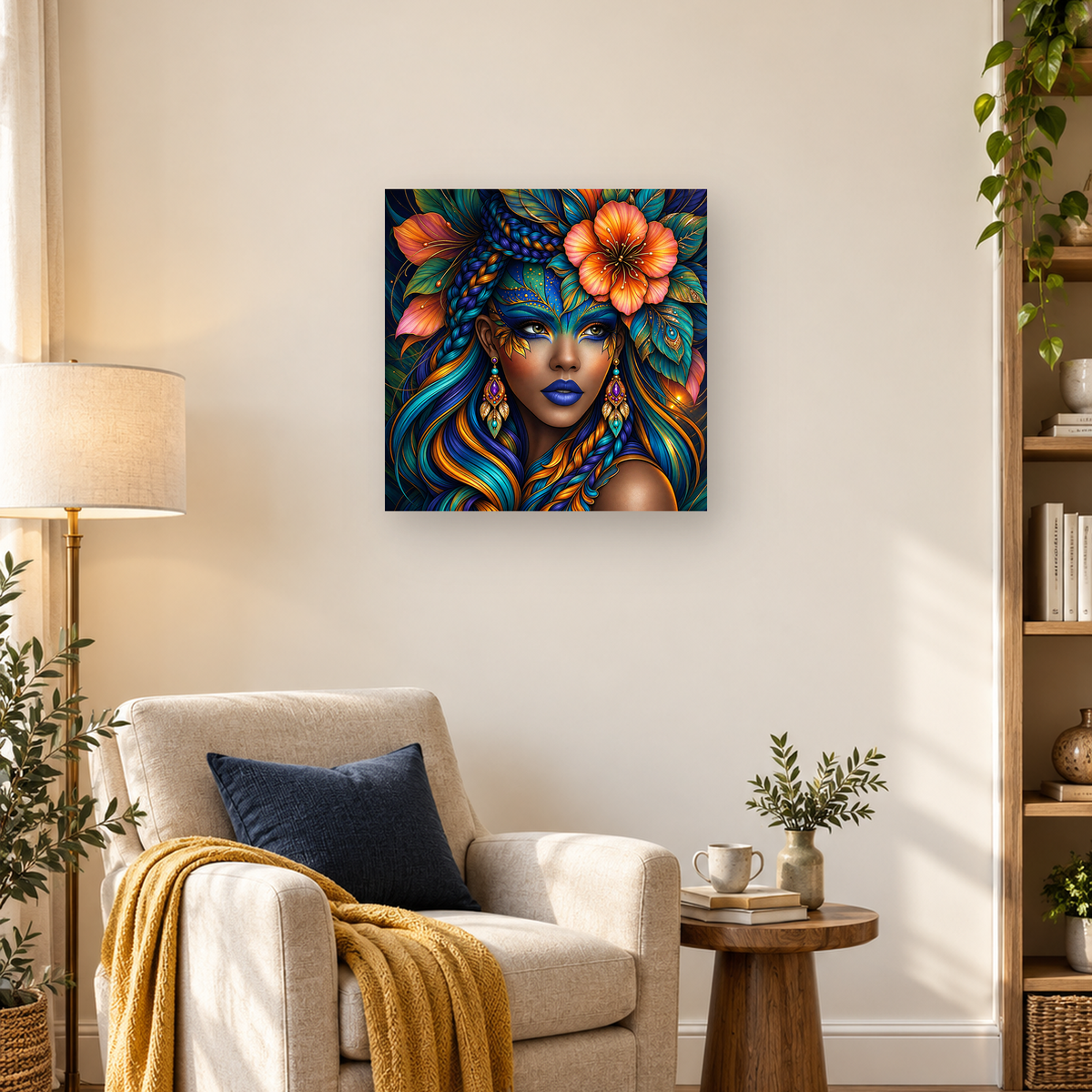 Ornate woman portrait with blue braided hair, coral flowers, foliage, gold details, and decorative earrings — 03_lifestyle_hero