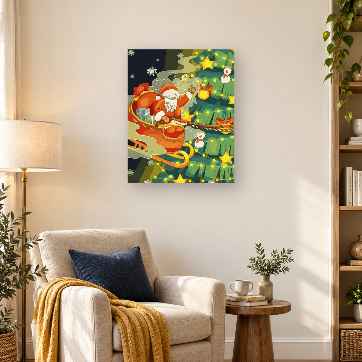 Santa with a red sack beside a decorated Christmas tree with snowmen, stars, gifts, bows, and lights — 03_lifestyle_hero
