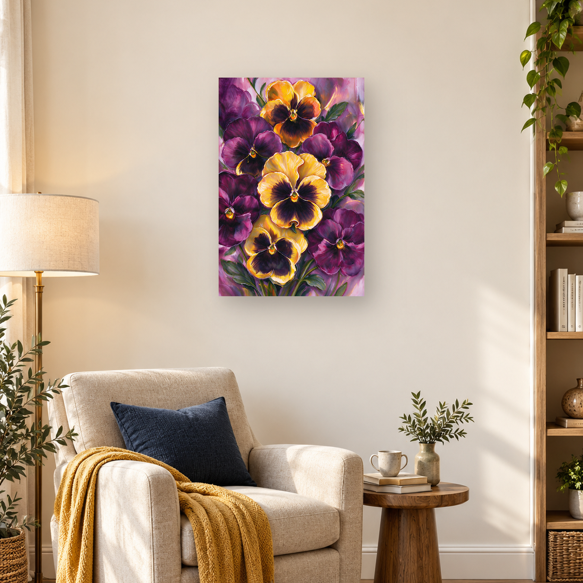 Painterly close-up of purple and golden pansies with green foliage on a pink-lavender background — 03_lifestyle_hero