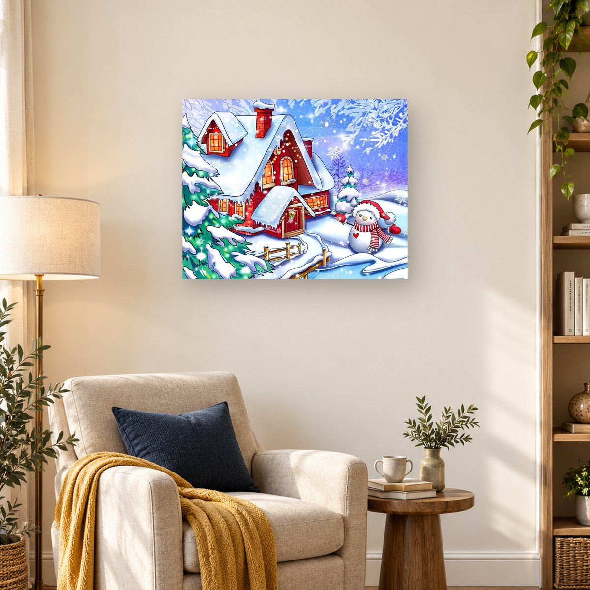 Christmas scene with a snow-covered red cabin, evergreen trees, sled, fence, and scarf-wearing snowman — 03_lifestyle_hero