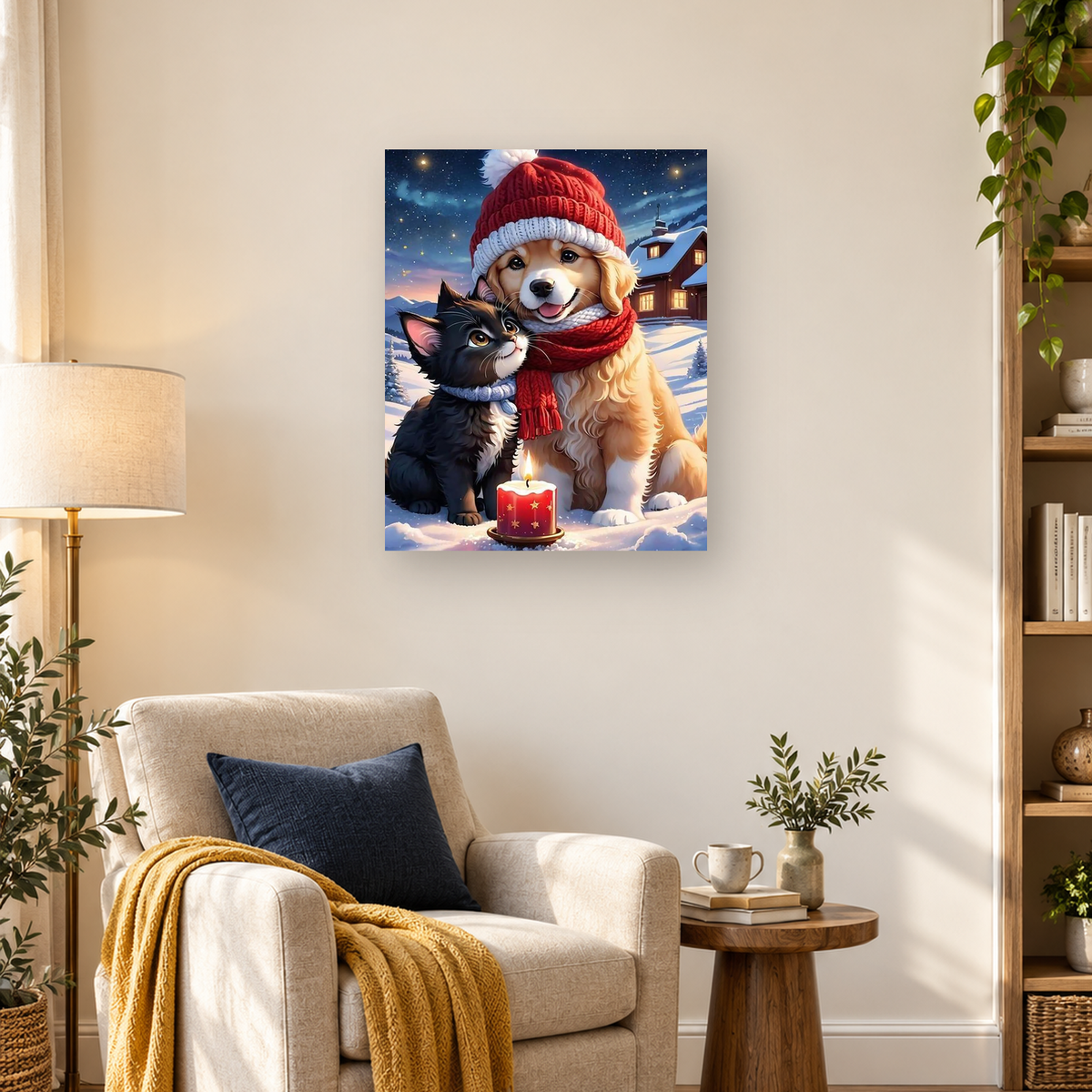 MalaMind Gallery V3 | 03 Lifestyle Hero | AN-260921-080 | Golden puppy and black-and-white kitten cuddle beside a candle in a snowy Christmas village.