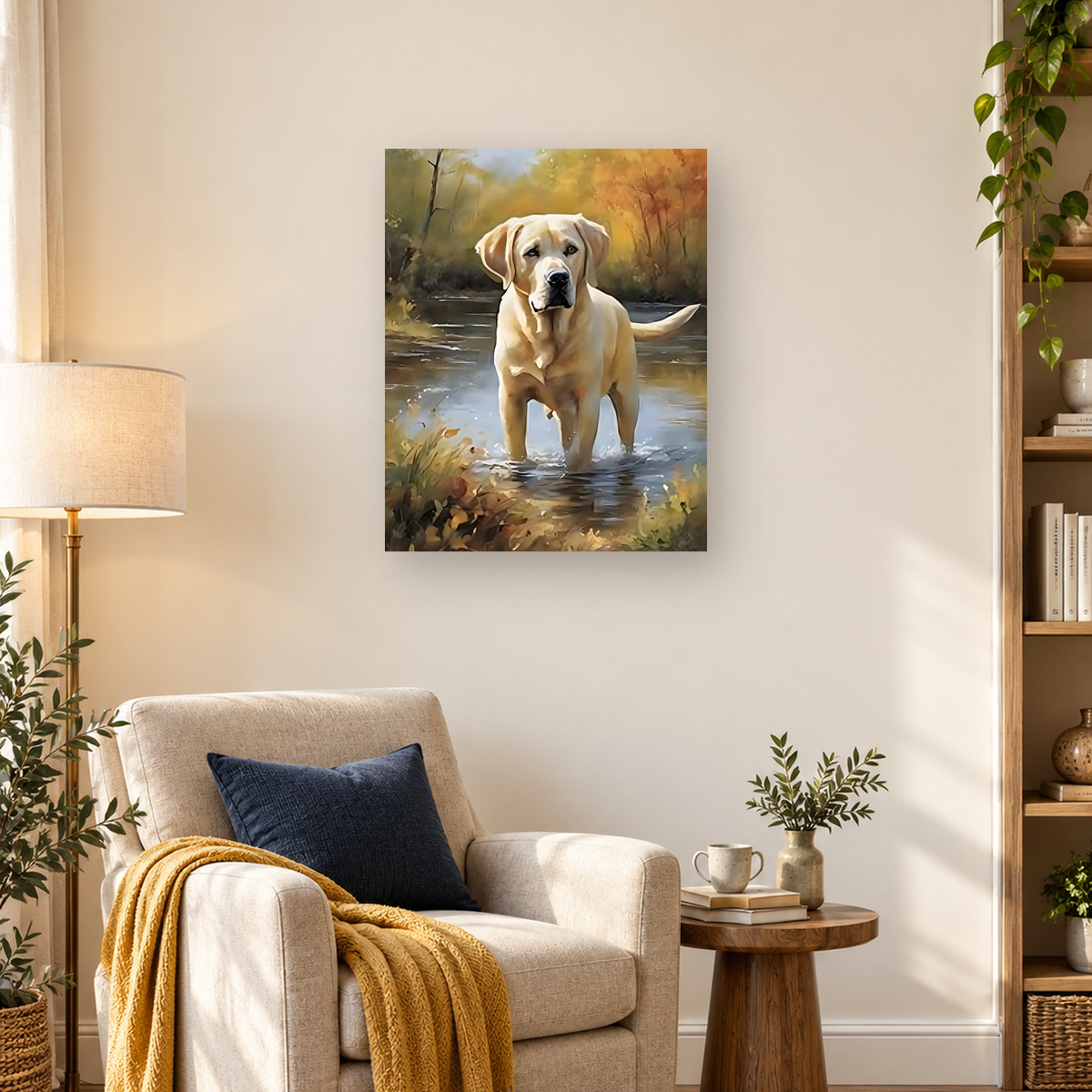 Light-colored Labrador retriever standing in shallow woodland water with trees and foliage — 03_lifestyle_hero