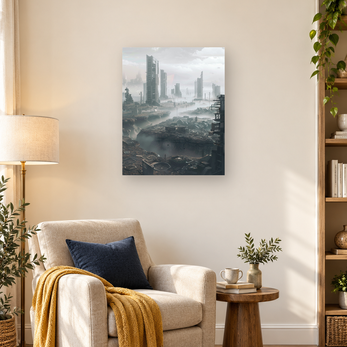 Fog-shrouded futuristic city with skeletal towers, industrial ruins, and fractured platforms spanning a deep ravine. — 03_lifestyle_hero