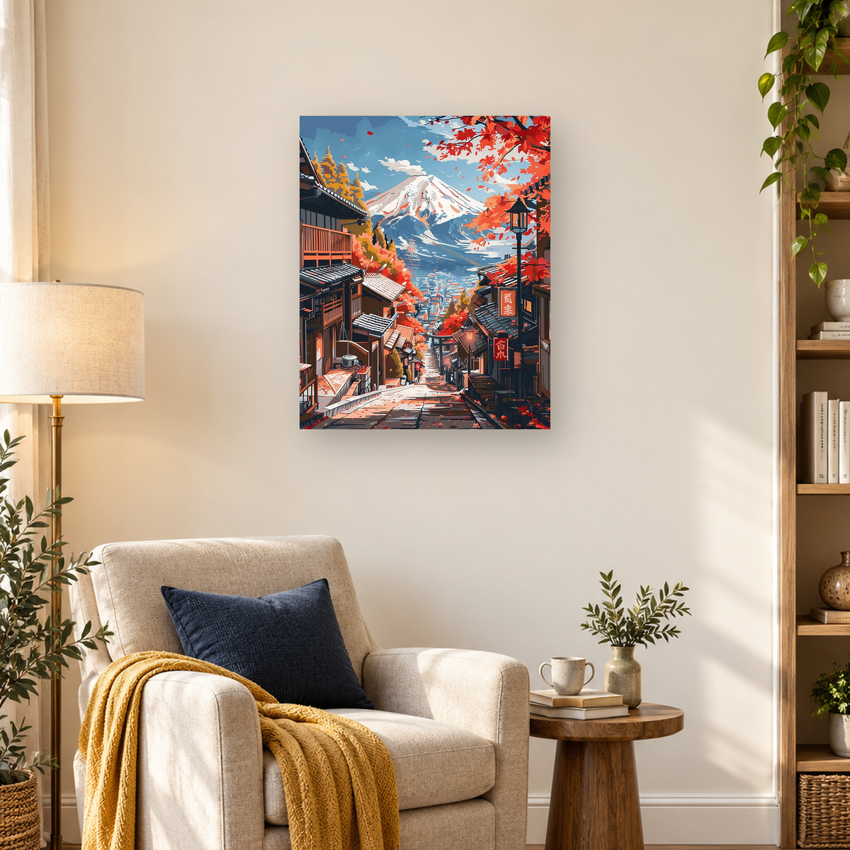 Japanese hillside street descending toward snow-capped Mount Fuji, framed by red autumn maple leaves and tiled rooftops — 03_lifestyle_hero