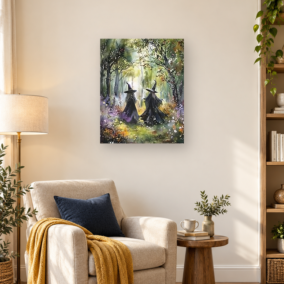 Abstract woodland scene with two dark-clad figures among pale foliage and tree trunks — 03_lifestyle_hero