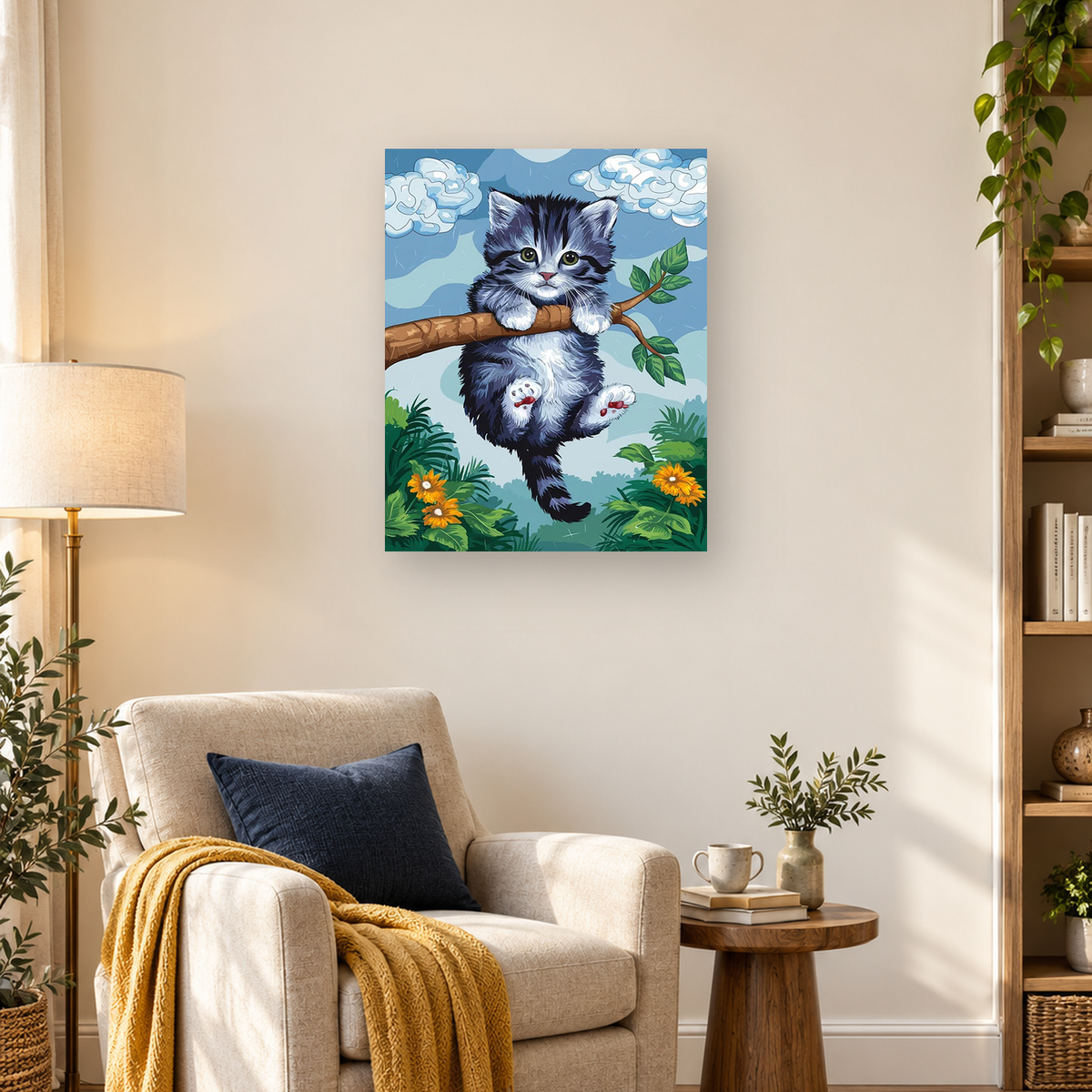 Blue-gray kitten hanging from a tree branch among clouds, green leaves, orange flowers, and rain — 03_lifestyle_hero