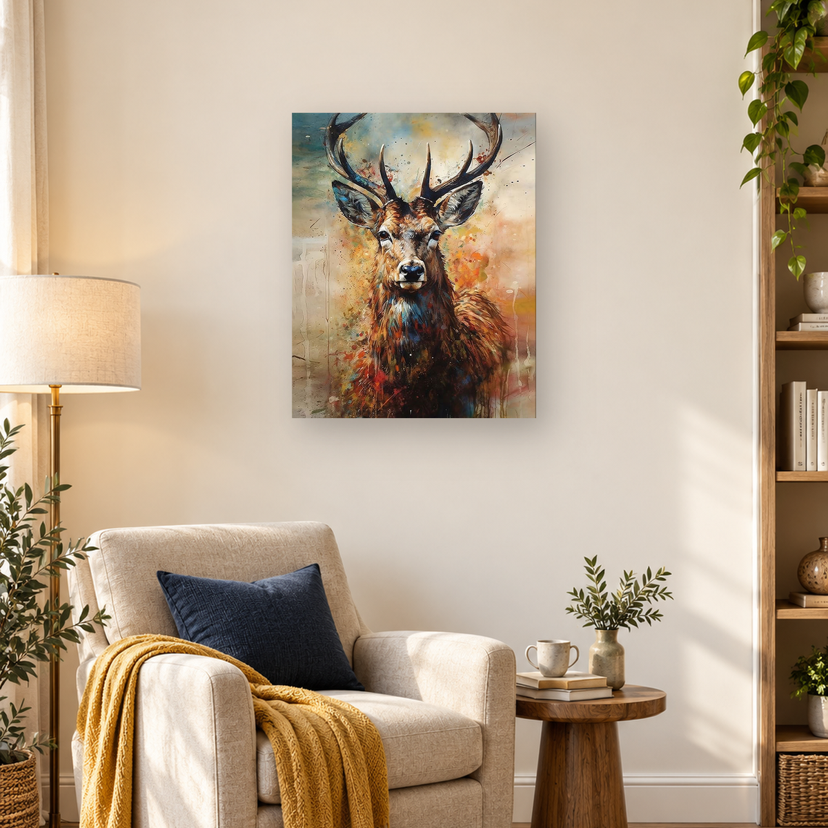 Front-facing watercolor stag with large branching antlers and colorful paint splatters — 03_lifestyle_hero