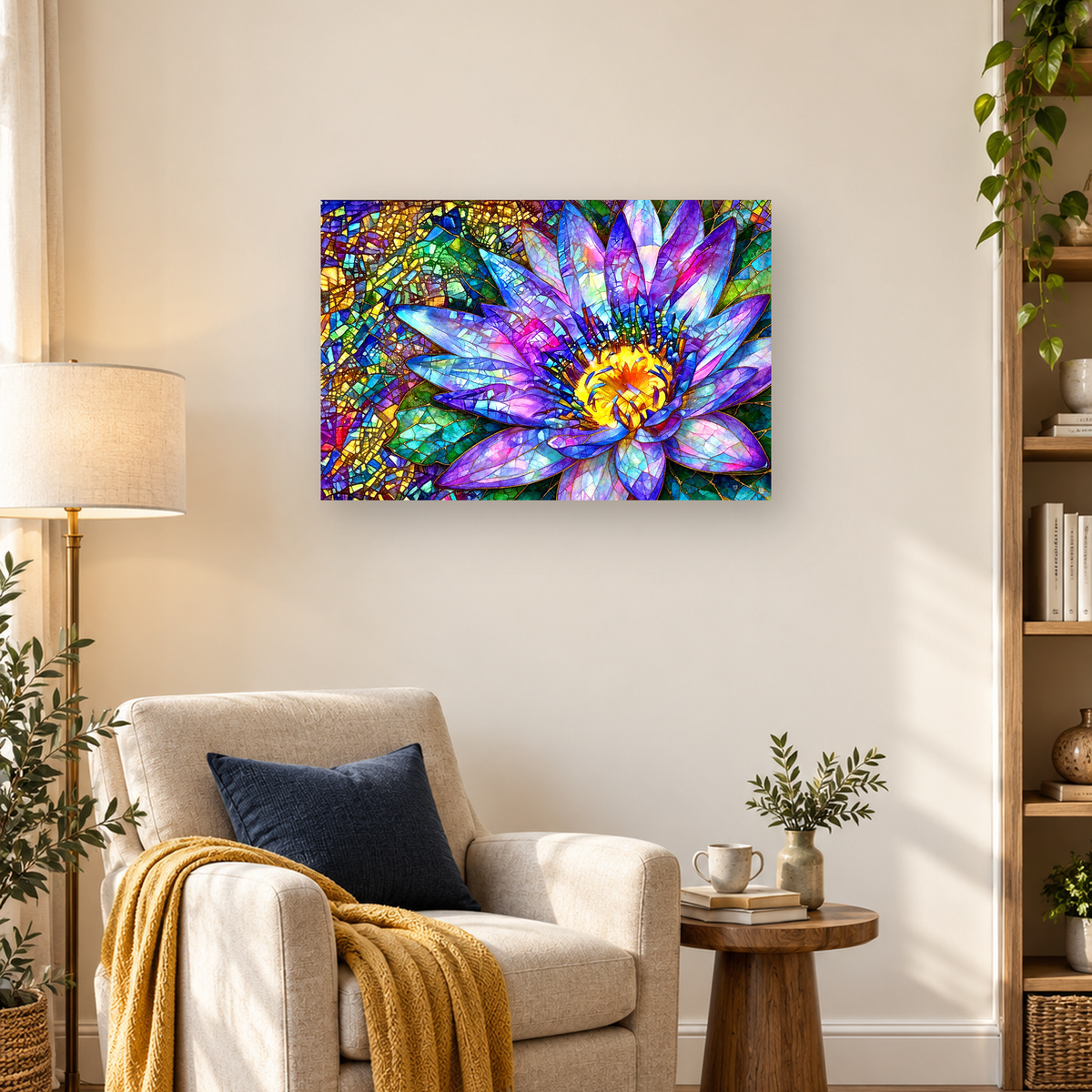Two purple-blue lotus blossoms with yellow centers and green foliage in a colorful stained-glass mosaic — 03_lifestyle_hero
