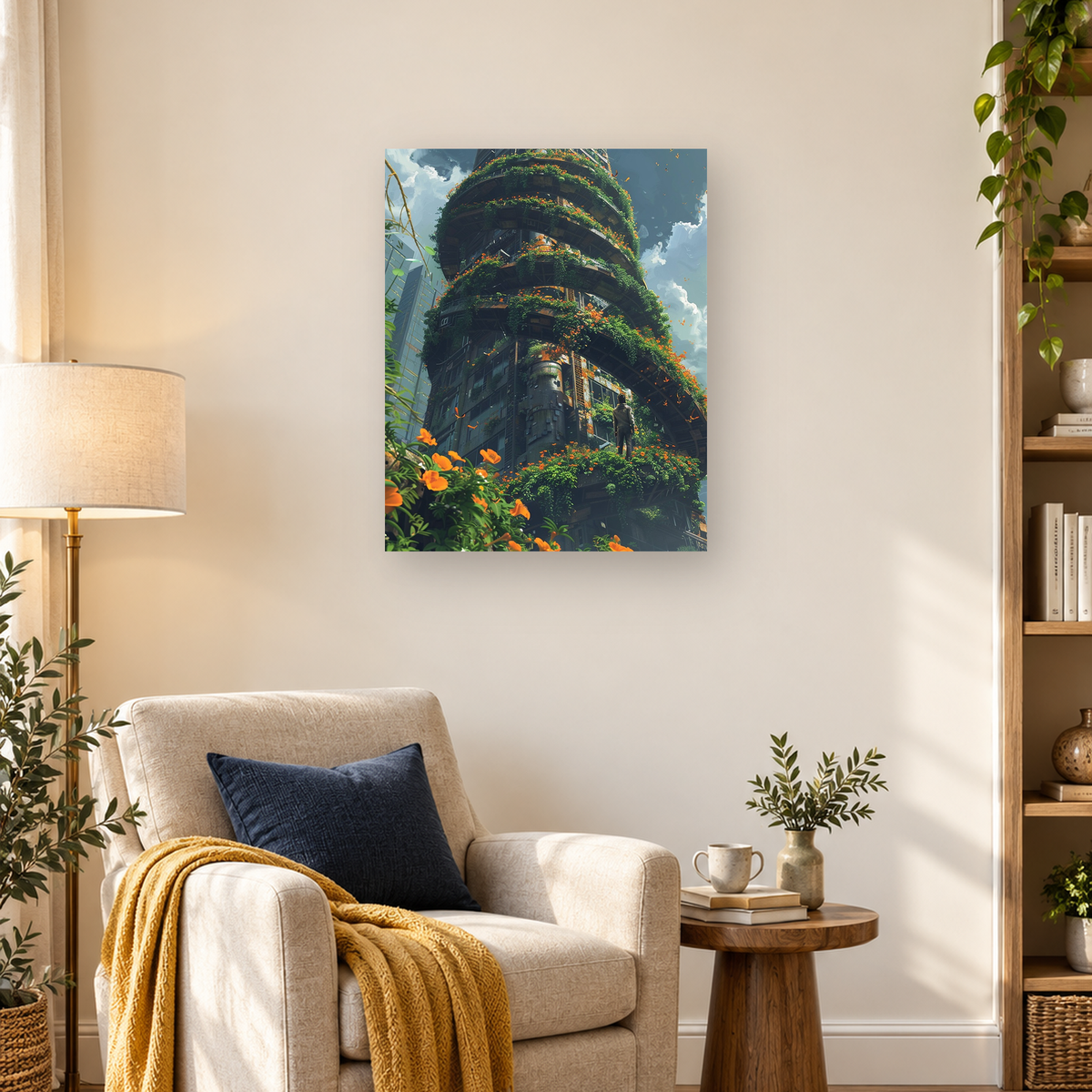 Low-angle view of a vine-covered tower with orange flowers, balconies, blue sky, and a standing figure — 03_lifestyle_hero