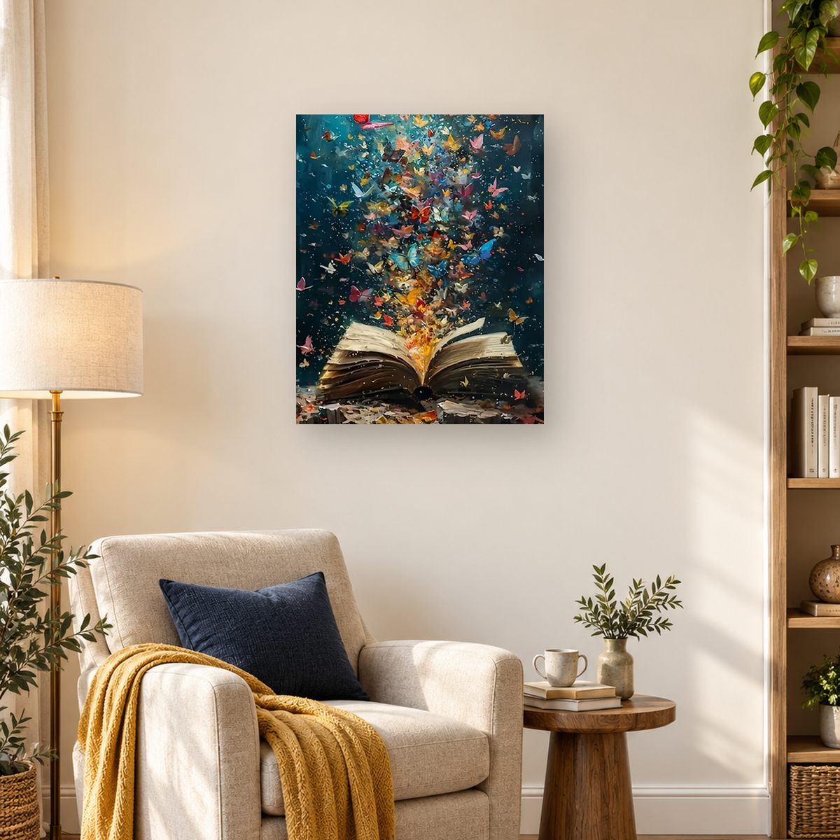 Open book releasing a colorful swarm of butterflies against a deep teal background — 03_lifestyle_hero