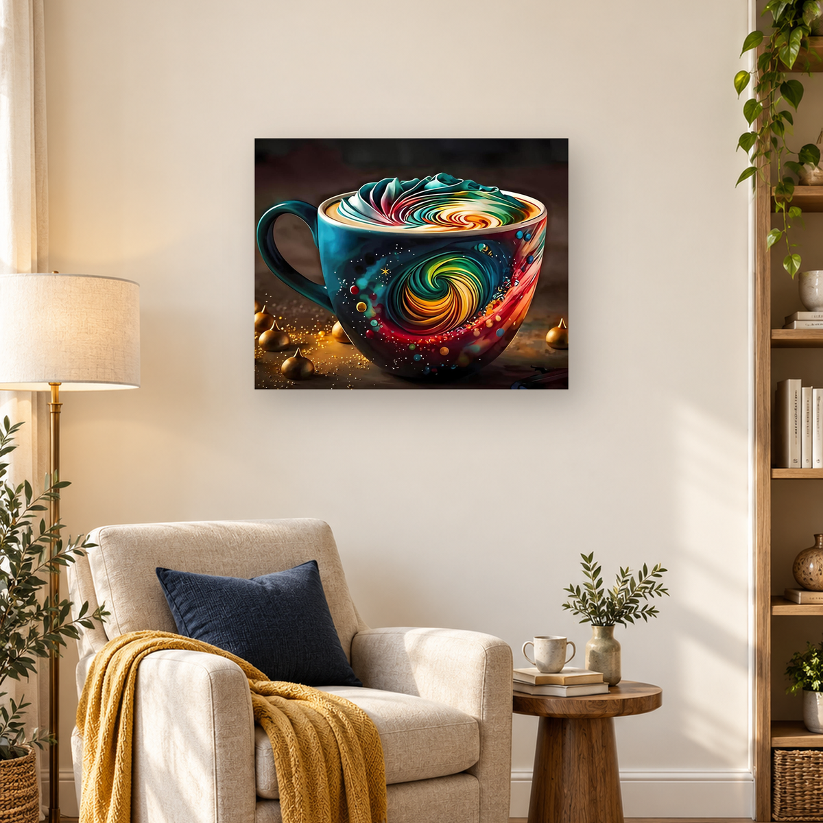 Colorful ceramic cup with spiral patterns, teal handle, and golden objects on a dark tabletop — 03_lifestyle_hero
