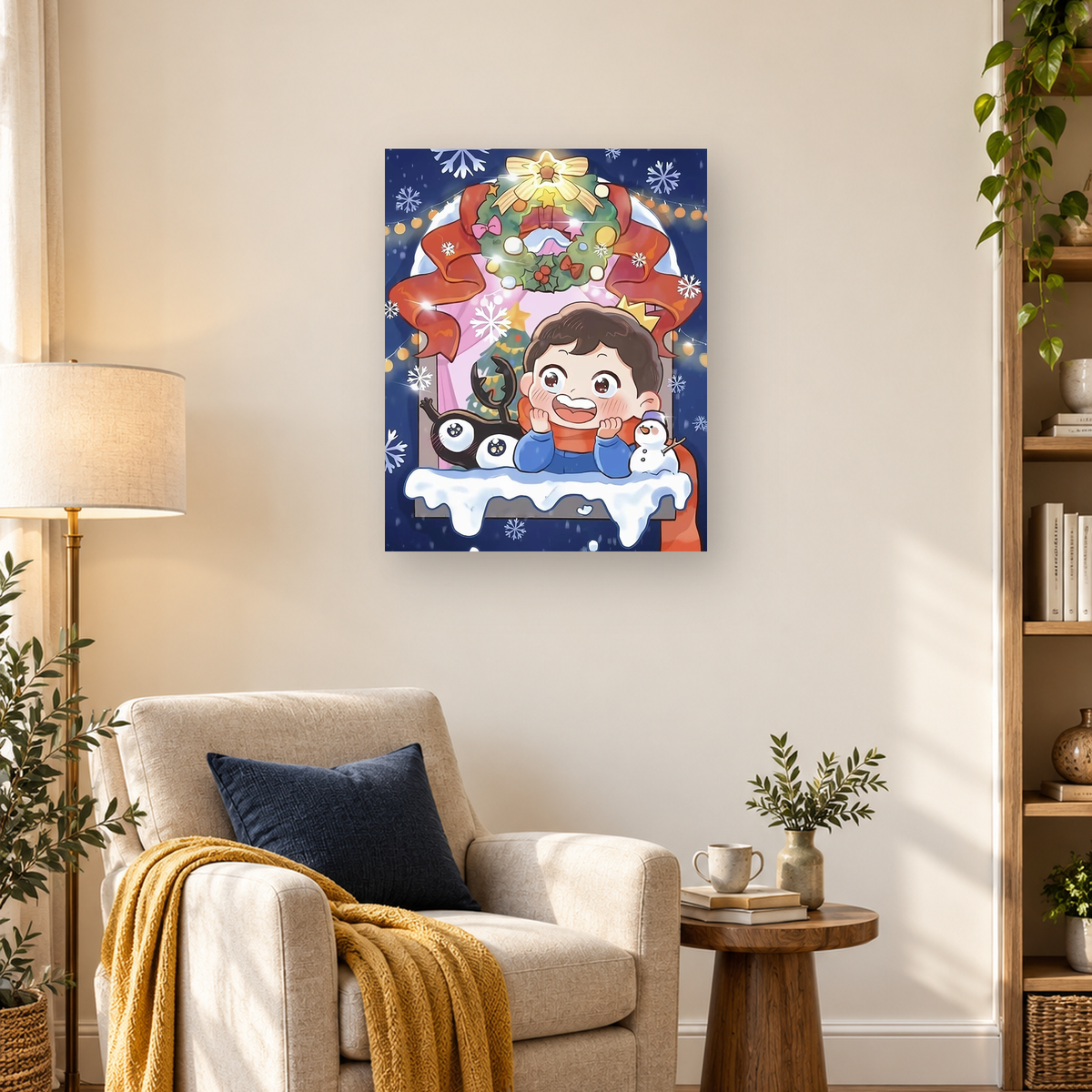 Kawaii Christmas scene with a smiling child, reindeer, snowman, wreath, lights, snowflakes, and snowy window ledge. — 03_lifestyle_hero