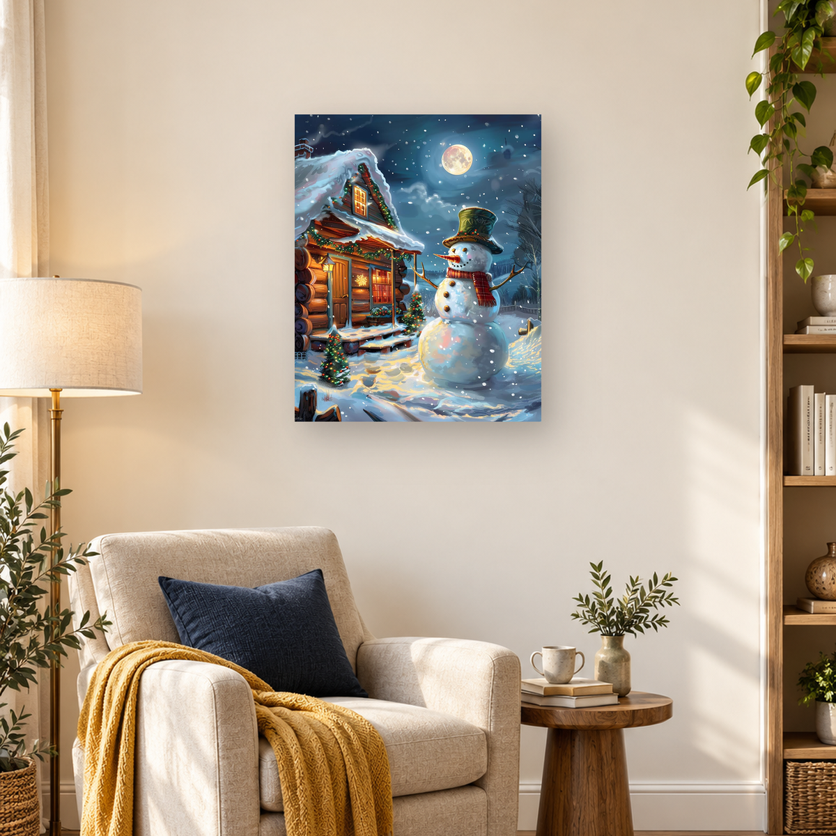 Top-hatted snowman beside a glowing Christmas cabin under a full moon and falling snow.