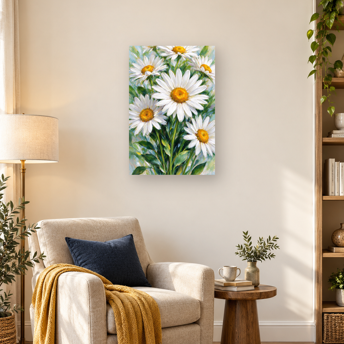 Impressionistic close-up of white daisies with golden centers and green leaves on a pale blue-green background. — 03_lifestyle_hero
