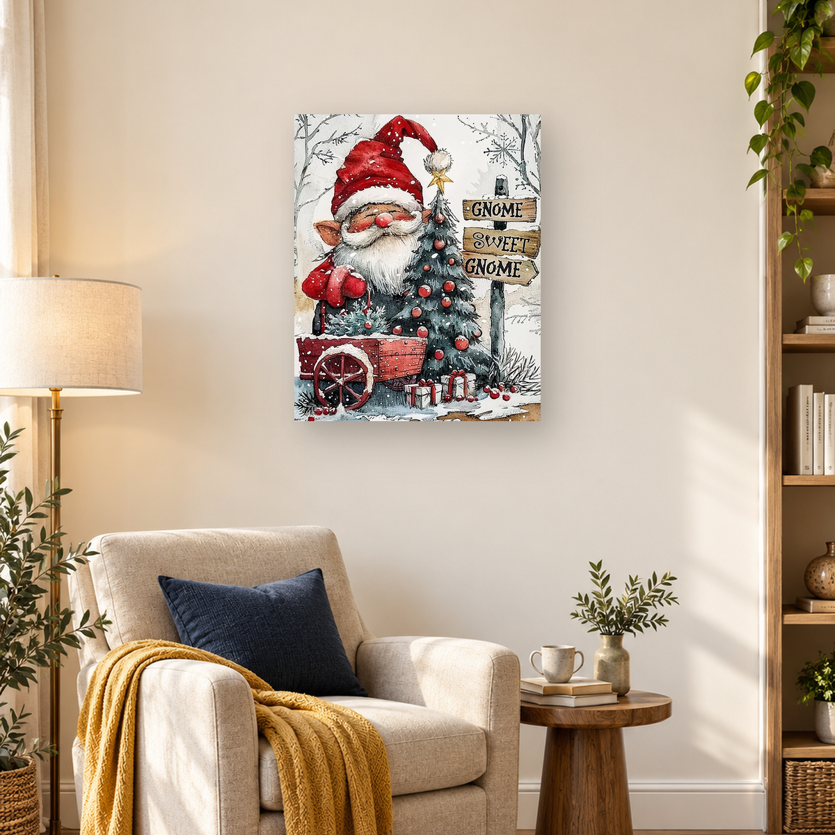 MalaMind Gallery V3 | 03 Lifestyle Hero | CH-260921-068 | Bearded Christmas gnome beside a decorated tree, gifts, wagon, and welcome sign in a snowy woodland.