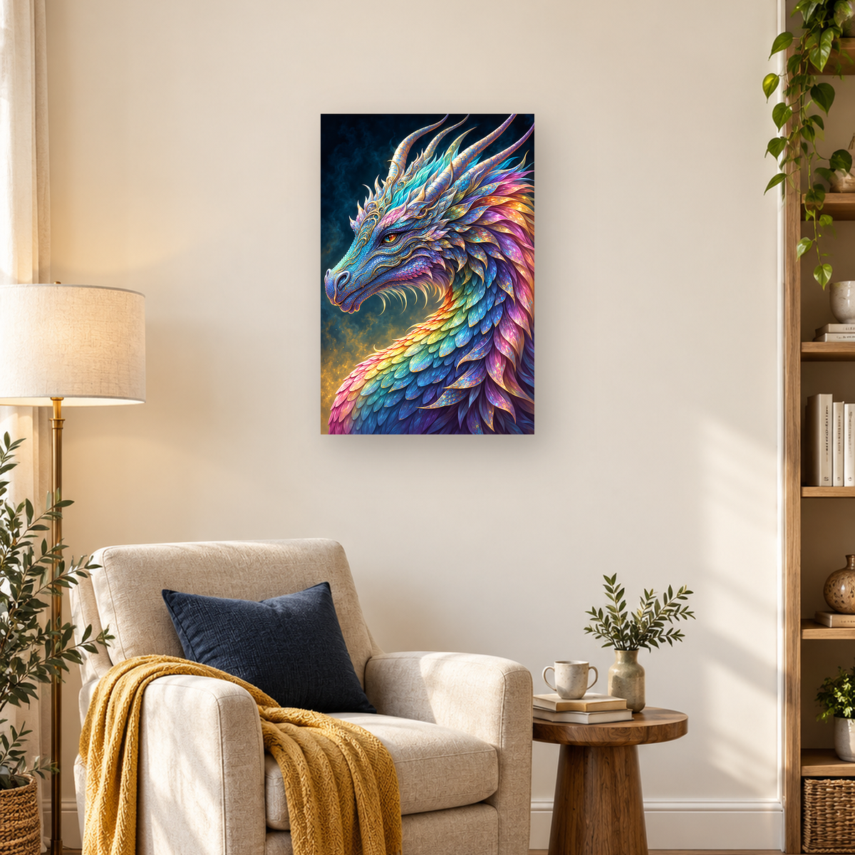 Colorful ornate dragon portrait with curling horns, amber eye, and layered iridescent scales — 03_lifestyle_hero