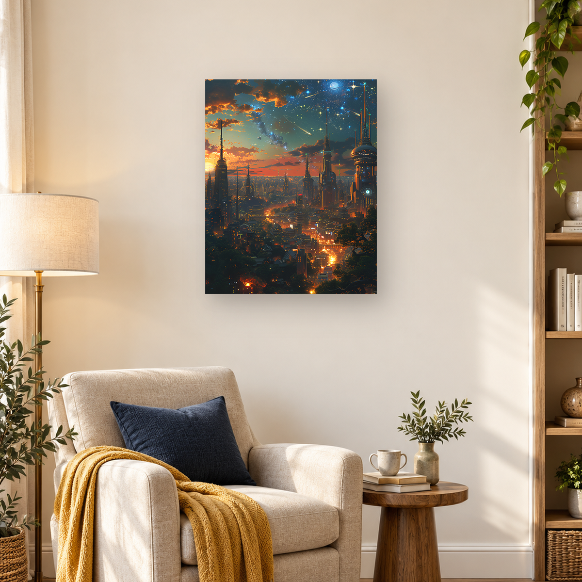 Futuristic illuminated city beneath an orange sunset, stars, clouds, and a deep blue celestial sky — 03_lifestyle_hero