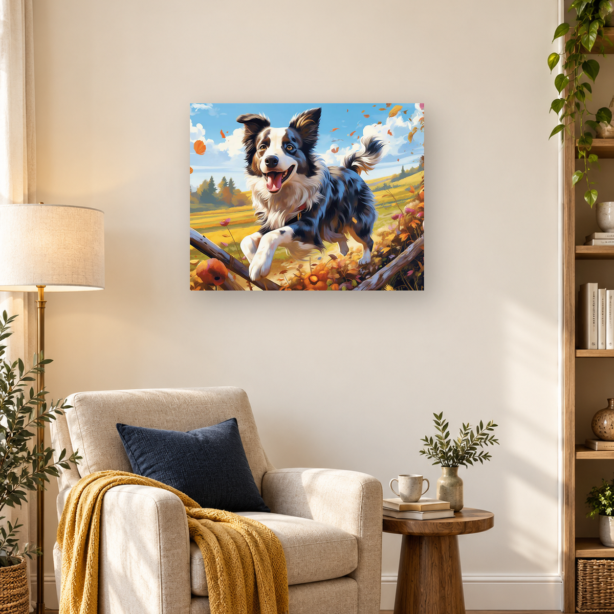Black-and-white Border Collie running through an autumn field beneath a blue sky — 03_lifestyle_hero