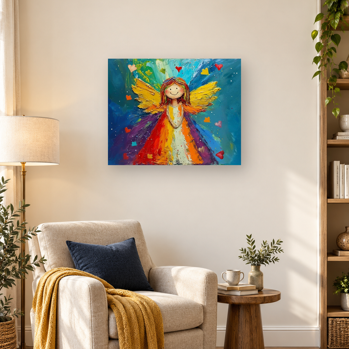 Smiling winged girl with rainbow dress and yellow wings against a turquoise abstract background with hearts — 03_lifestyle_hero