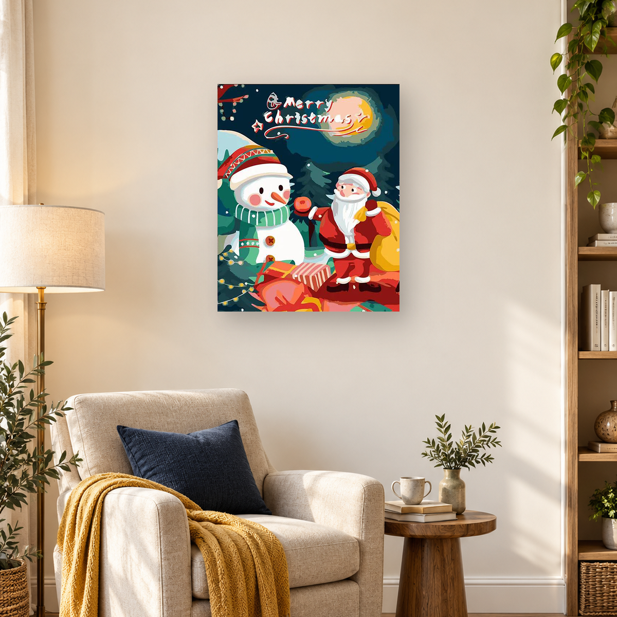 Santa and snowman beside presents and evergreen trees under Merry Christmas lettering — 03_lifestyle_hero