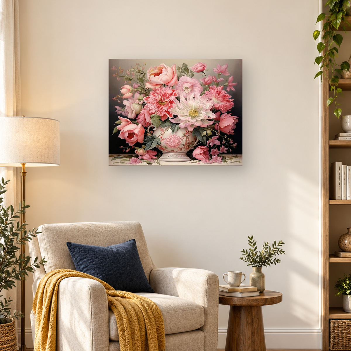 Pink and white flower bouquet in an ornate ceramic vase against a dark background — 03_lifestyle_hero