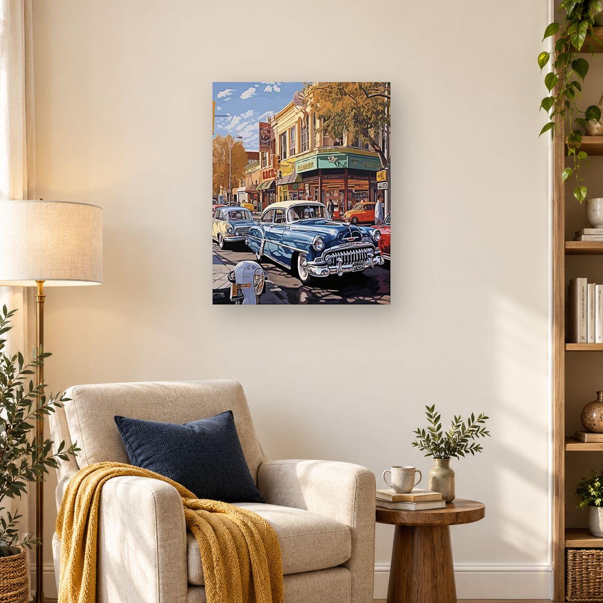 Blue classic car on a busy city street with storefronts, other vintage cars, trees, and a fire hydrant — 03_lifestyle_hero