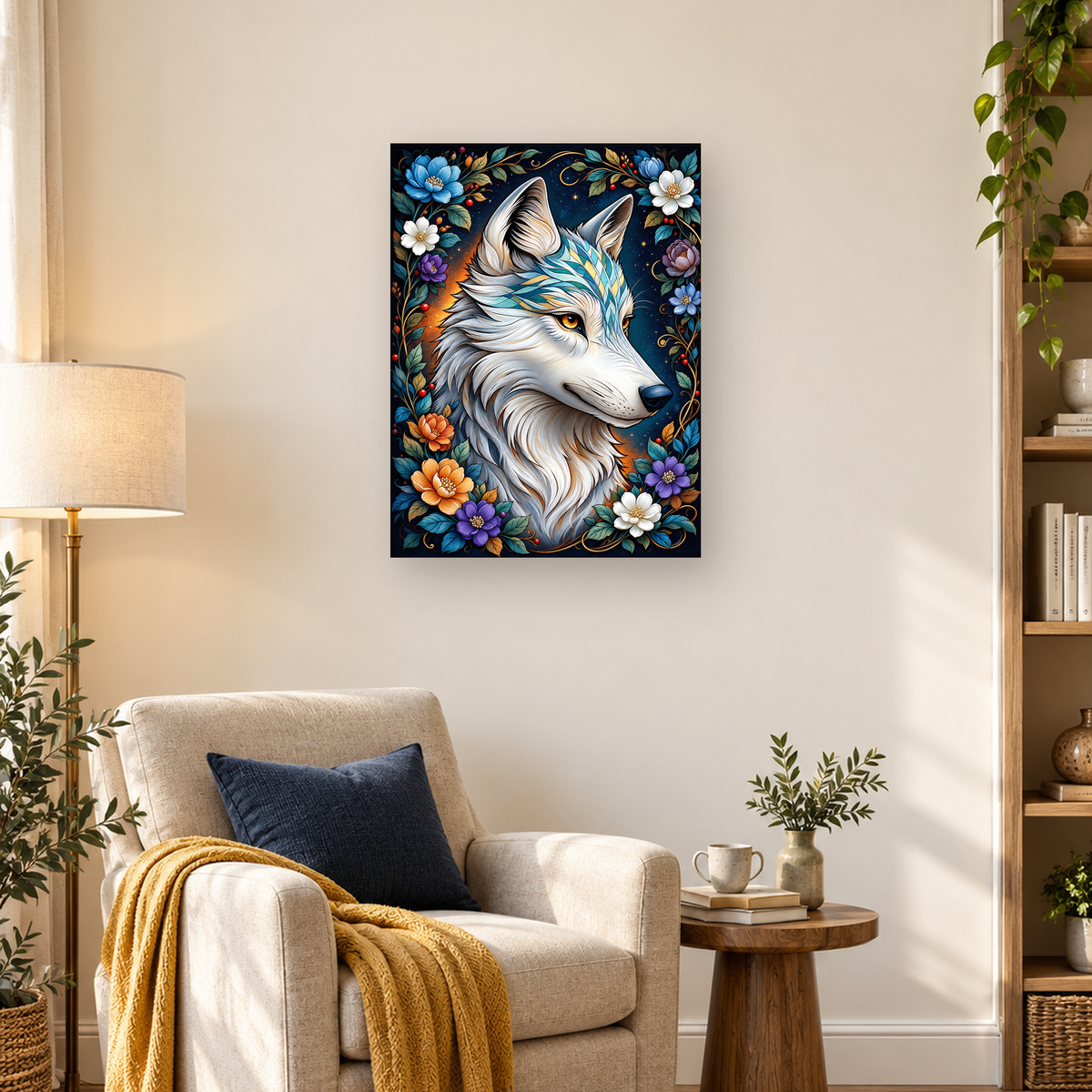 White wolf with amber eyes and blue-gold markings framed by colorful flowers against a starry navy background. — 03_lifestyle_hero
