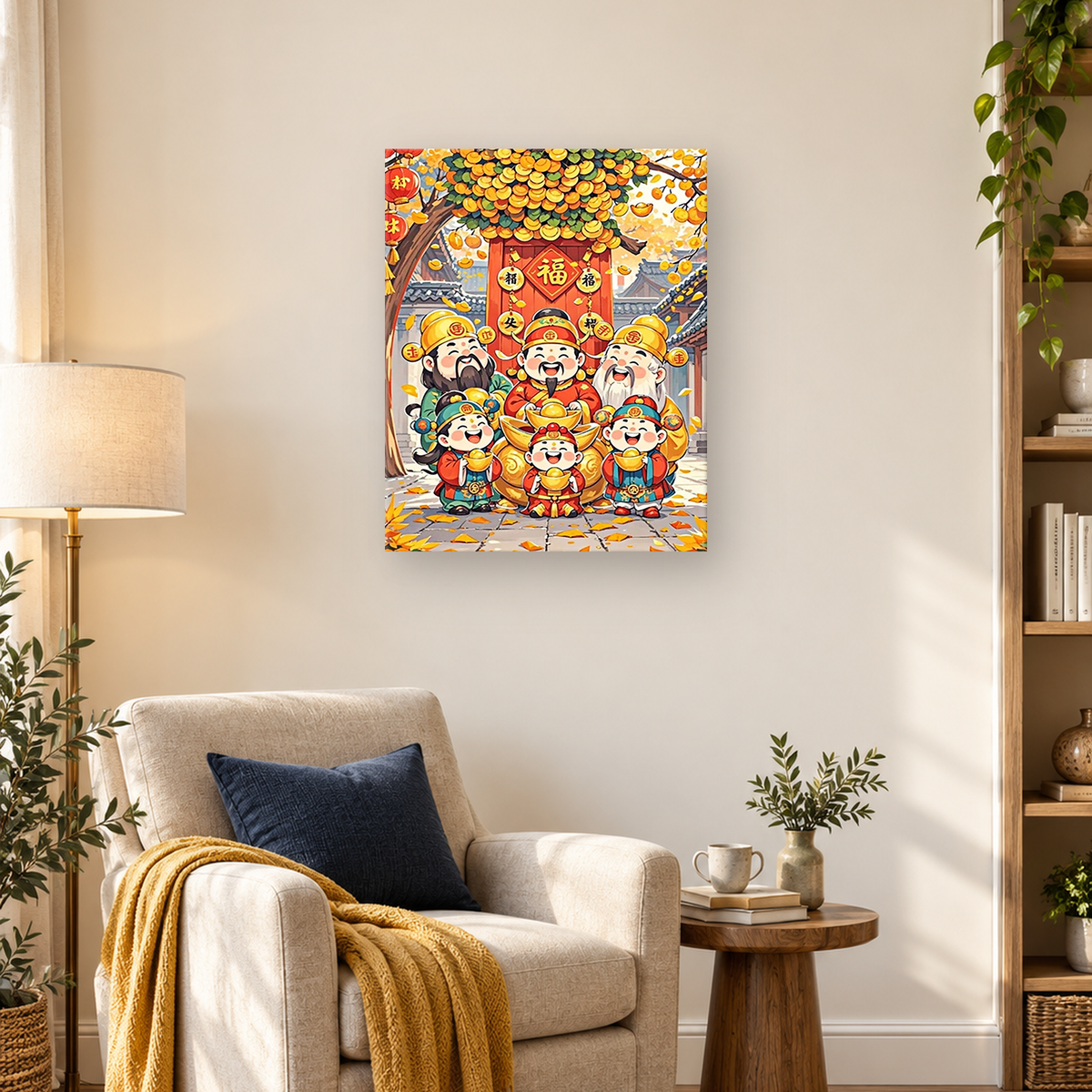 Six smiling figures holding golden bowls beneath an ornament-covered tree in a festive Chinese courtyard — 03_lifestyle_hero