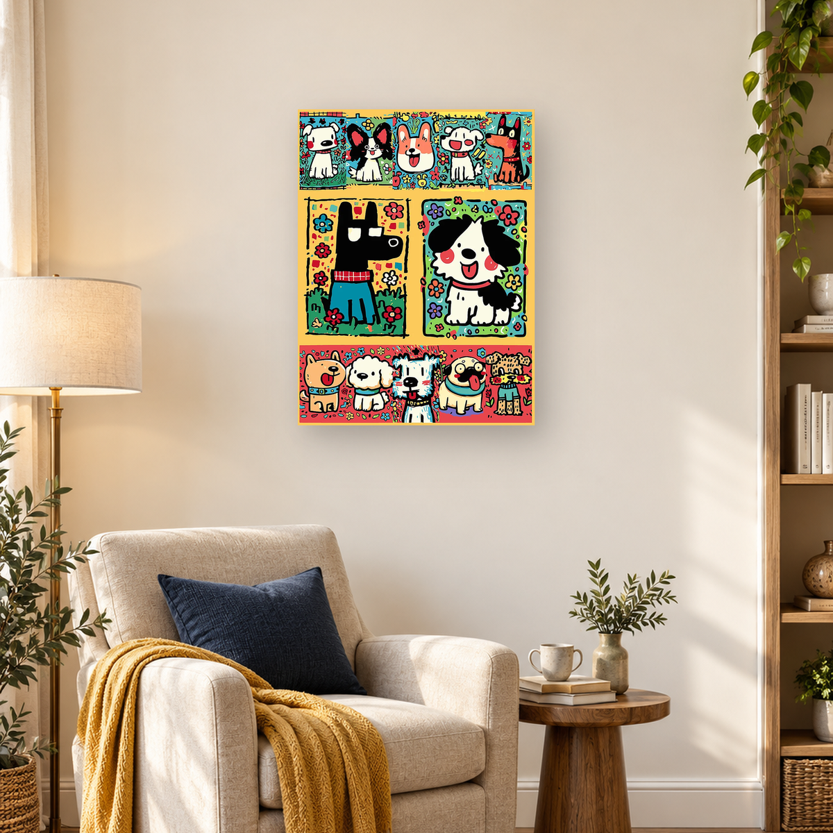 Colorful cartoon dog portraits arranged in floral and geometric decorative panels — 03_lifestyle_hero