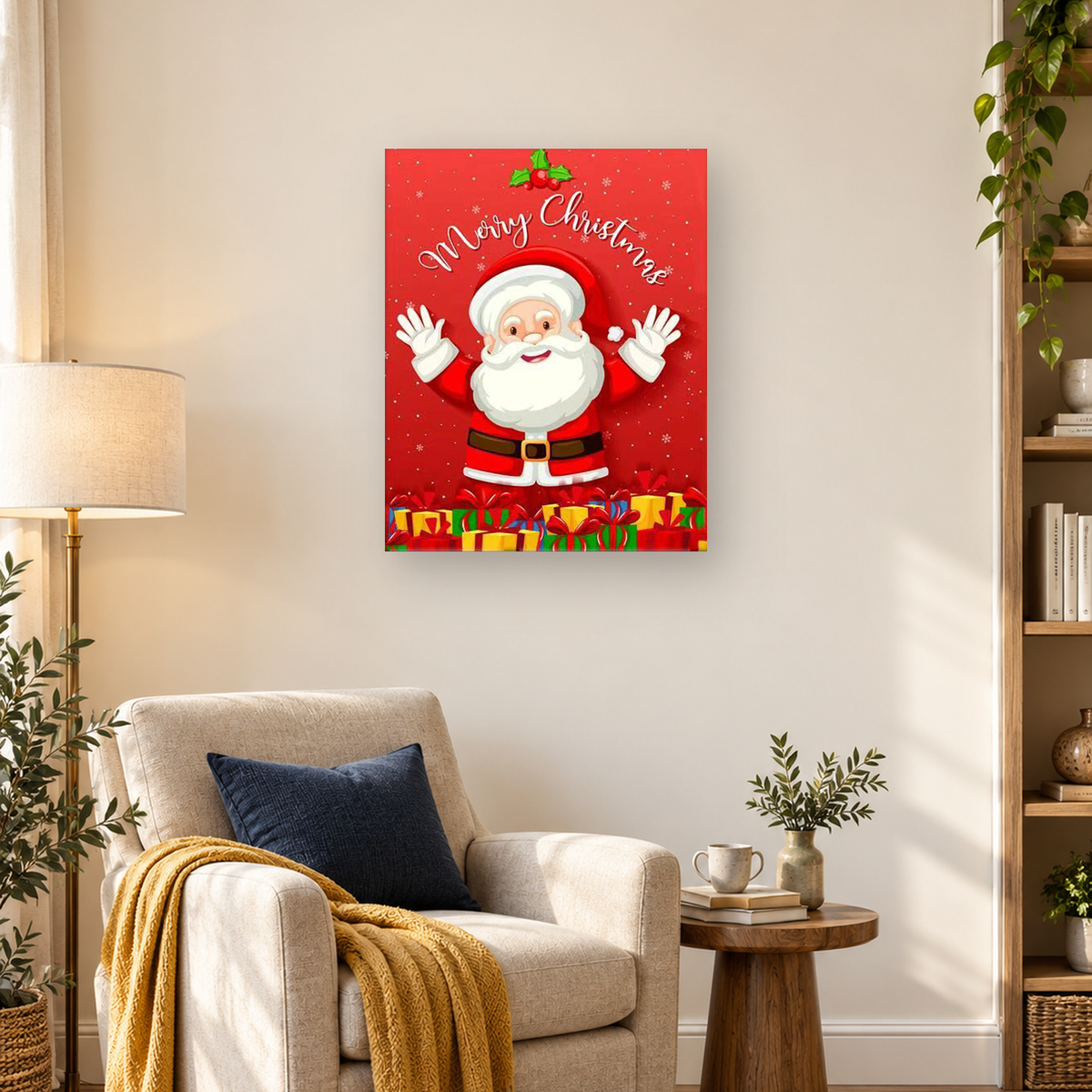 Cartoon Santa with raised hands above colorful wrapped presents on a red Christmas background — 03_lifestyle_hero