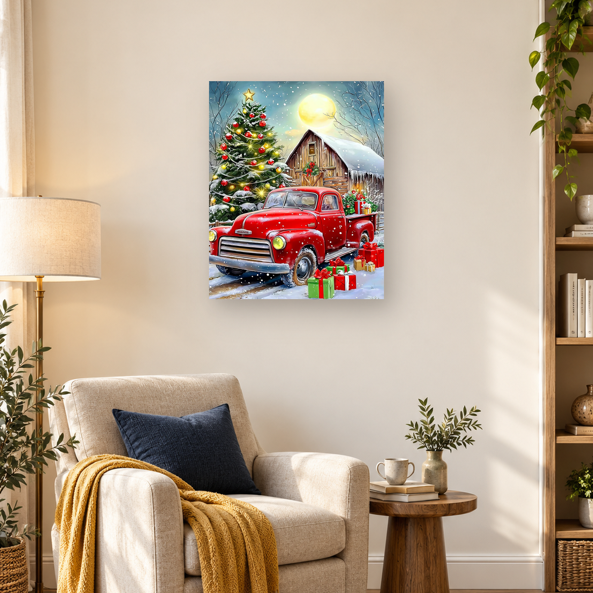 Red vintage pickup truck with Christmas gifts beside a decorated tree and snowy barn under a full moon