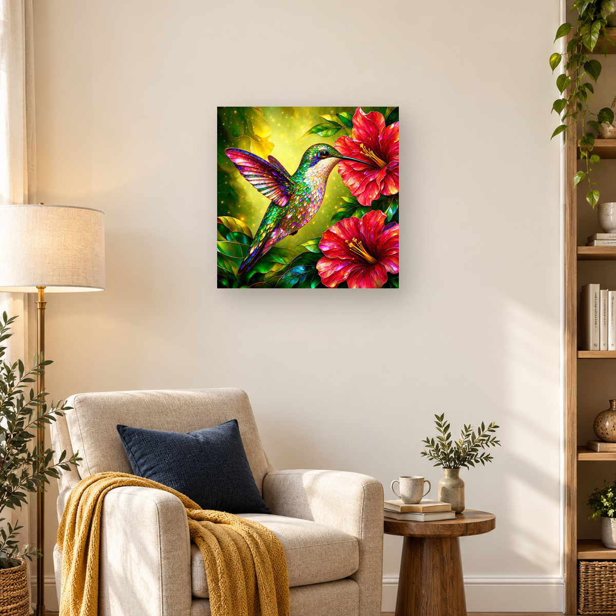 Iridescent hummingbird with a spread wing beside vivid red hibiscus flowers and layered green leaves — 03_lifestyle_hero