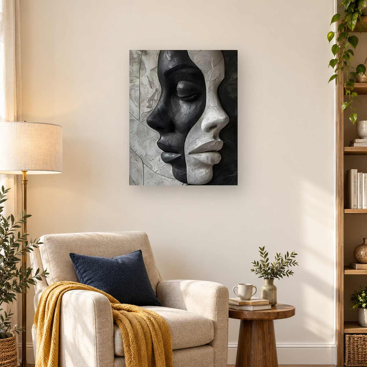 Abstract monochrome artwork showing two overlapping black and ivory human faces with closed eyes and textured skin. — 03_lifestyle_hero
