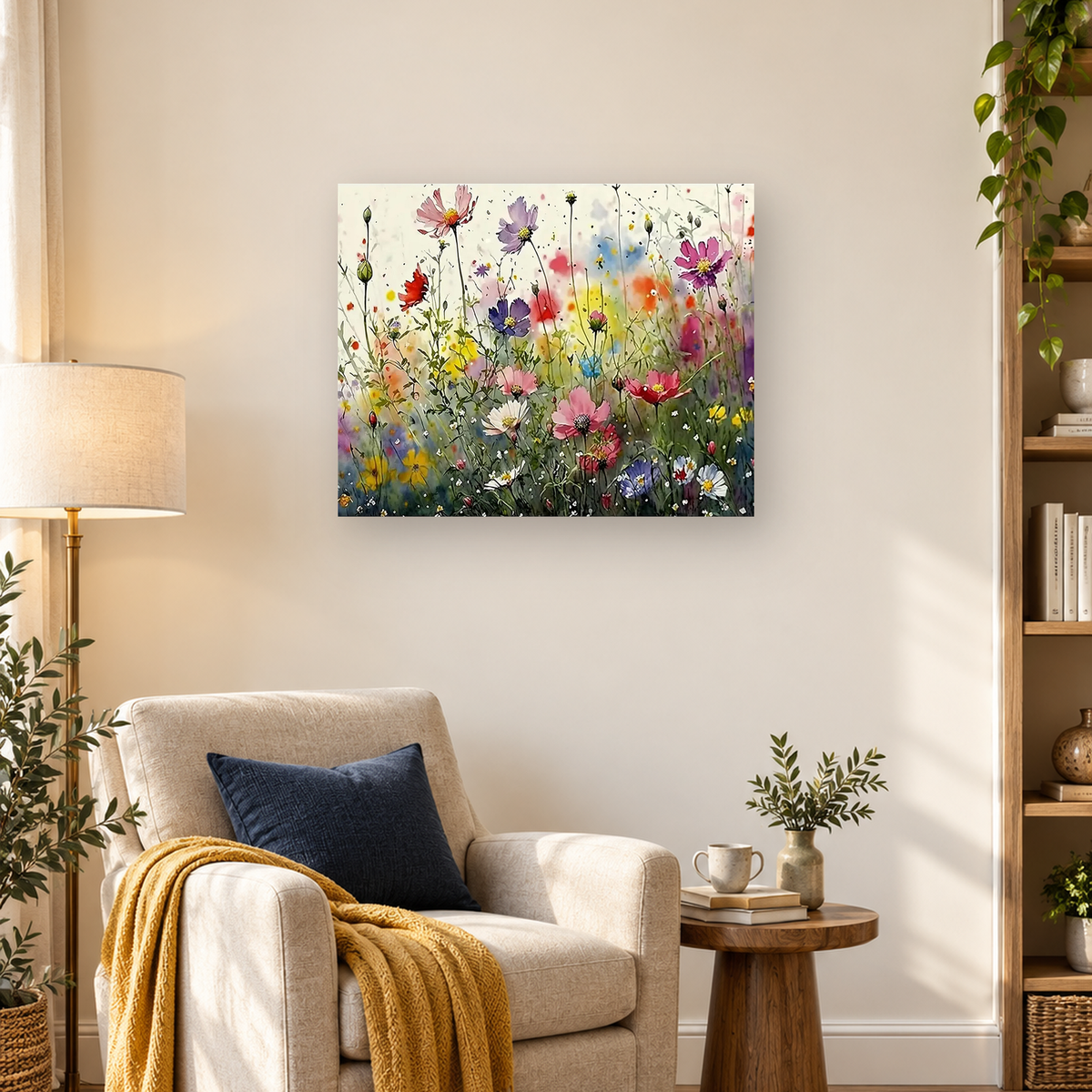 Watercolor-style meadow filled with colorful wildflowers, tall stems, grasses, and scattered paint splashes. — 03_lifestyle_hero