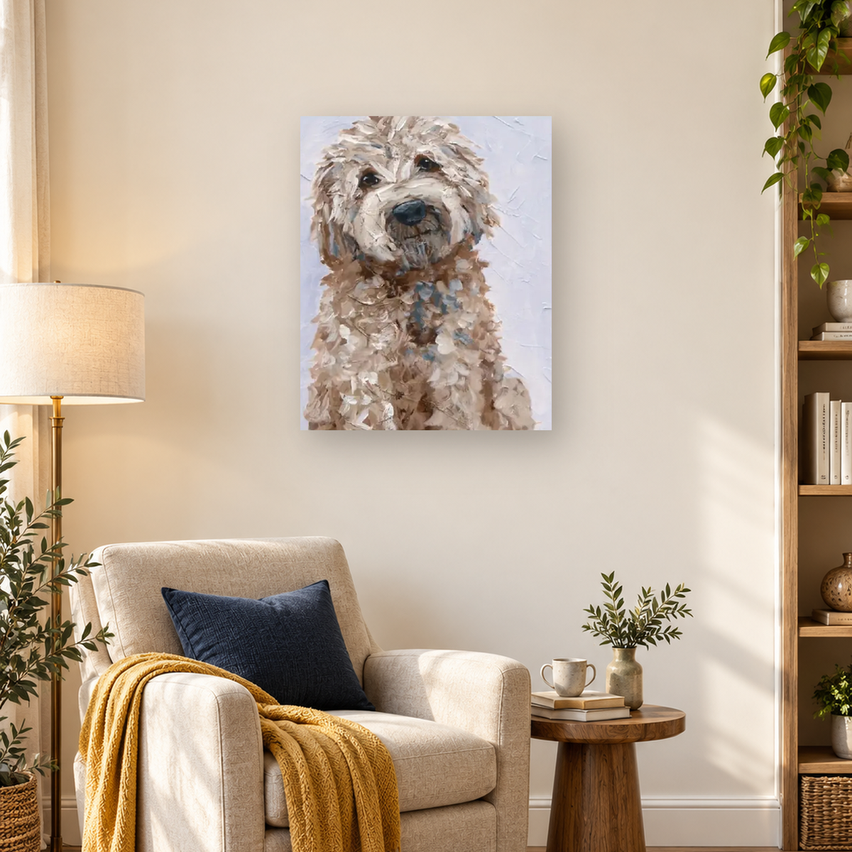 Close-up painterly portrait of a shaggy cream-and-brown dog with dark eyes and a black nose. — 03_lifestyle_hero