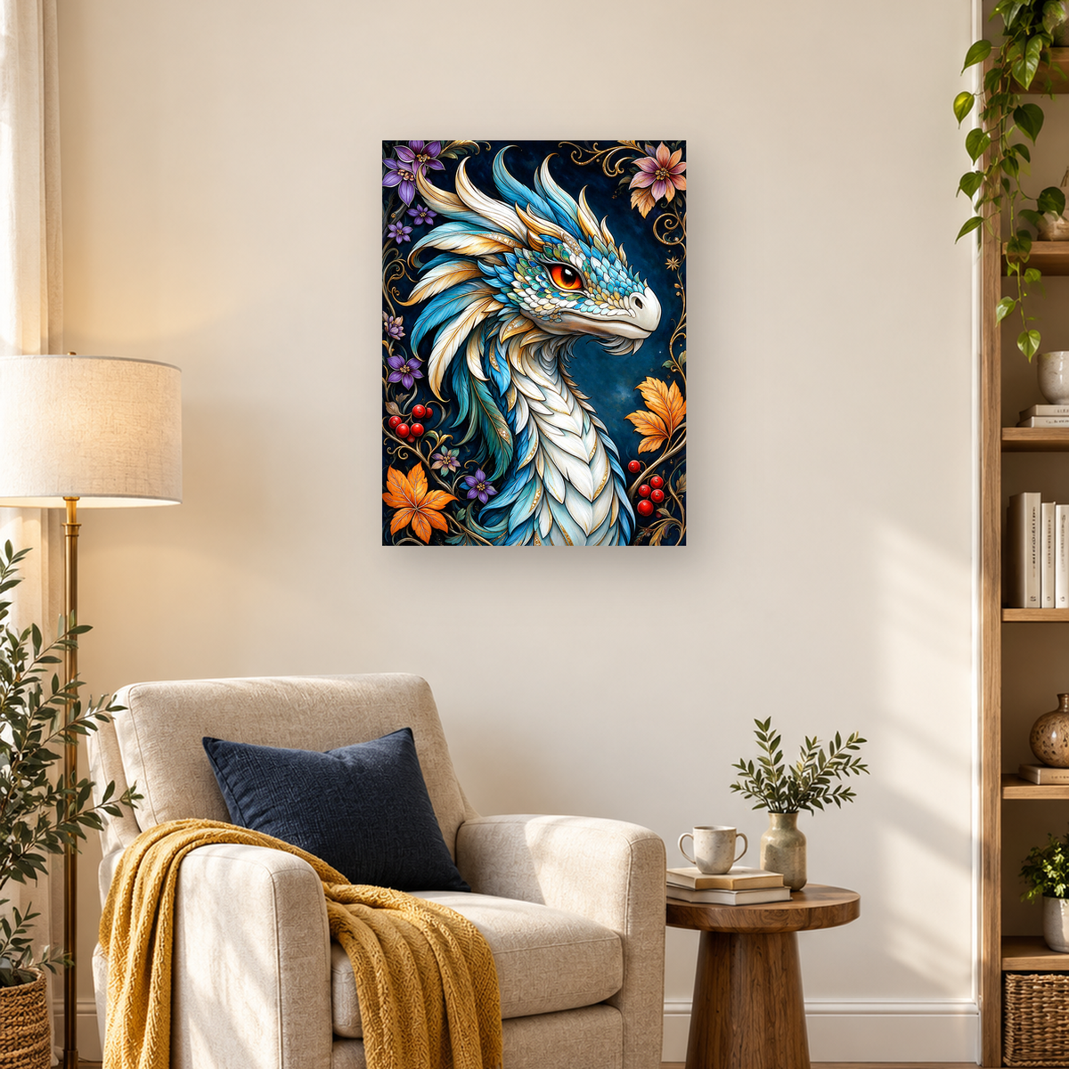 Ornate blue-and-white dragon with an orange eye, flowers, autumn leaves, berries, and golden vines — 03_lifestyle_hero