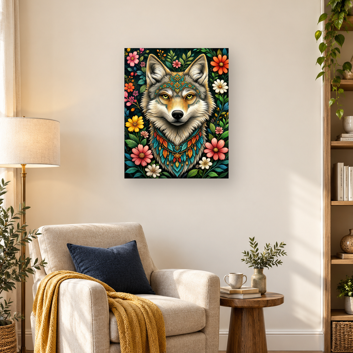 Front-facing wolf with yellow eyes, colorful adornments, flowers, and green foliage — 03_lifestyle_hero
