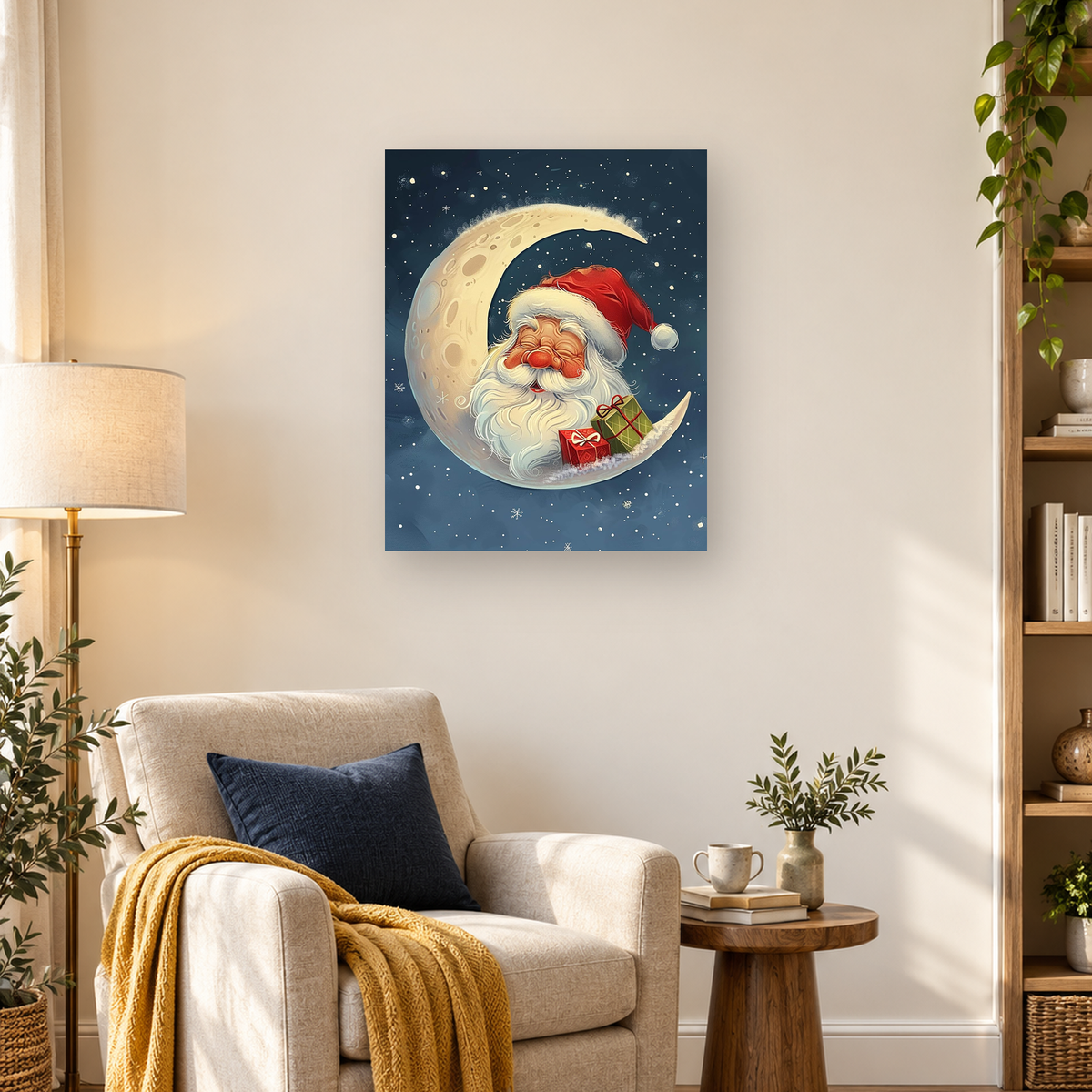 Smiling Santa sits inside a golden crescent moon with presents beneath a starry navy sky.