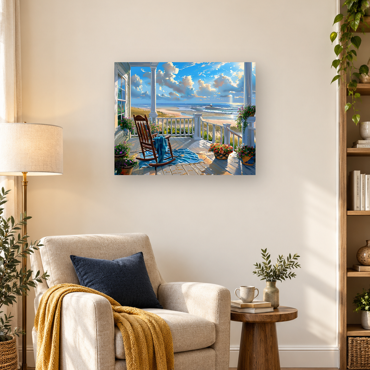 Sunlit porch with rocking chair and flowers overlooking a sandy beach, ocean waves, and a sailboat — 03_lifestyle_hero