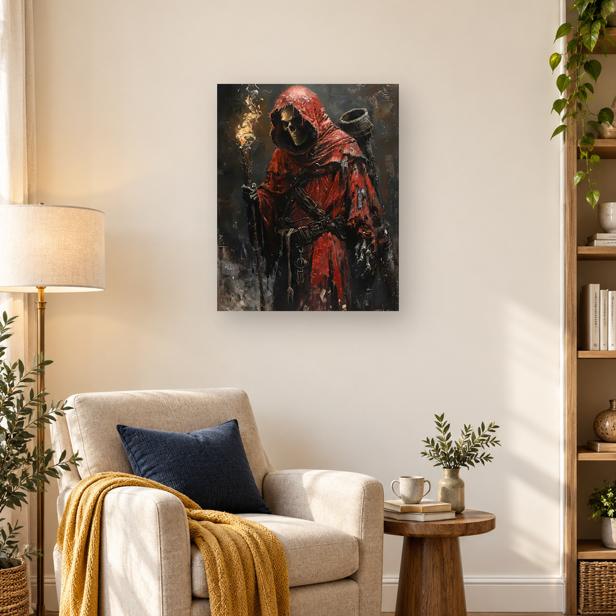 Dark fantasy figure in a red hooded cloak holding a staff against a shadowy background — 03_lifestyle_hero