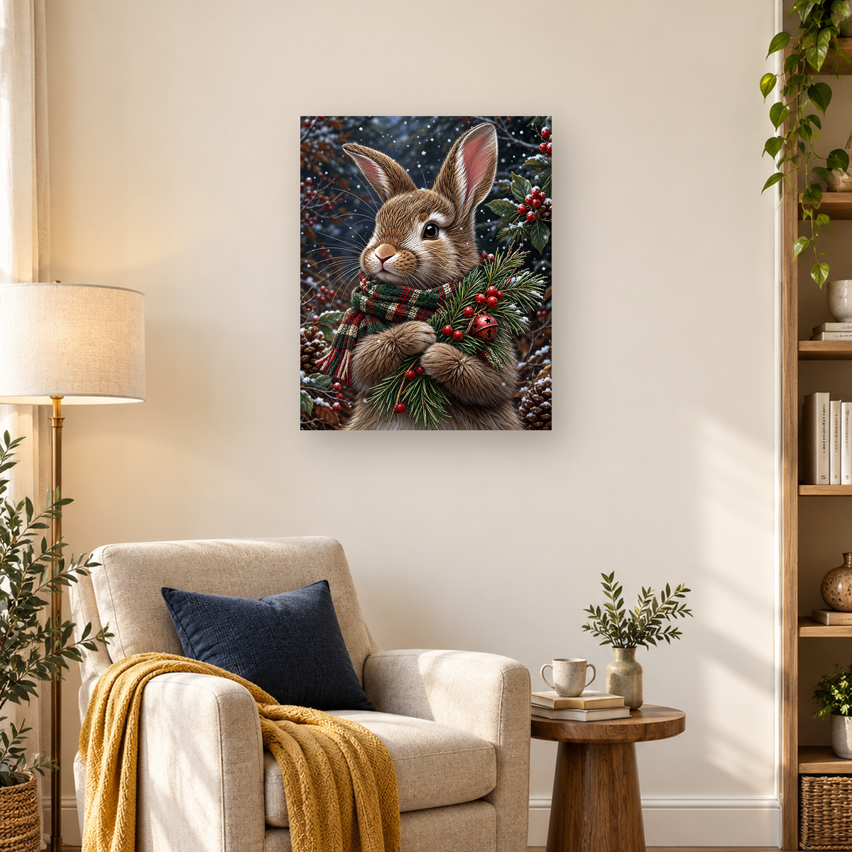 Brown rabbit wearing a red and green scarf among snowy evergreens, berries, pine cones, and a red bell. — 03_lifestyle_hero