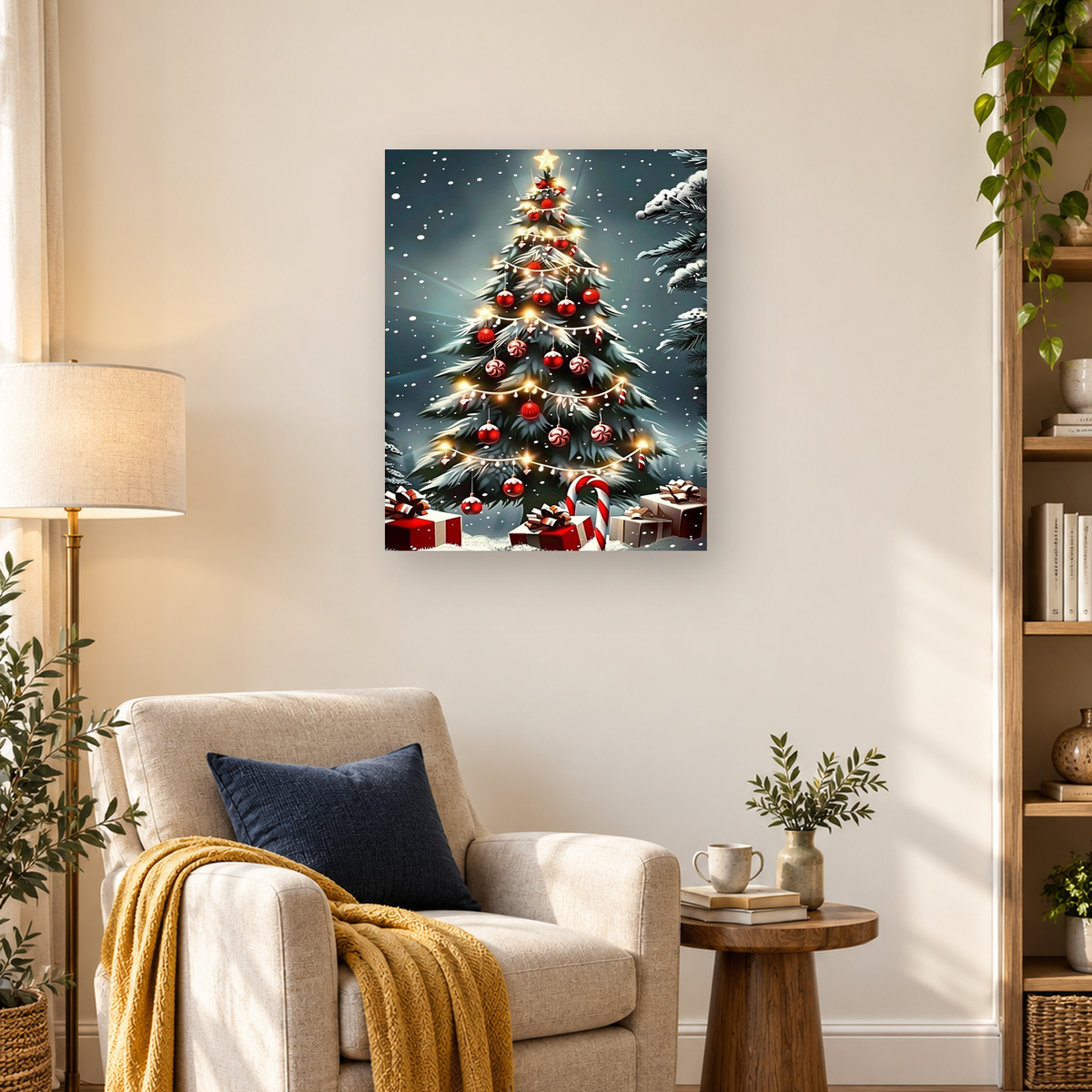 MalaMind Gallery V3 | 03 Lifestyle Hero | CH-260921-074 | Snow-covered Christmas tree with glowing lights, red ornaments, candy canes, star, and wrapped gifts