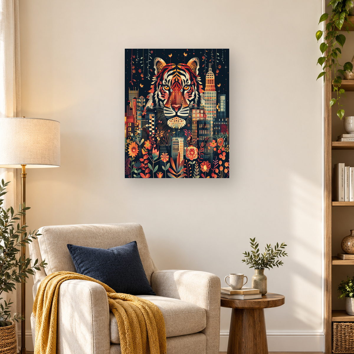 Symmetrical tiger portrait framed by colorful flowers, vines, butterflies, and geometric city buildings — 03_lifestyle_hero