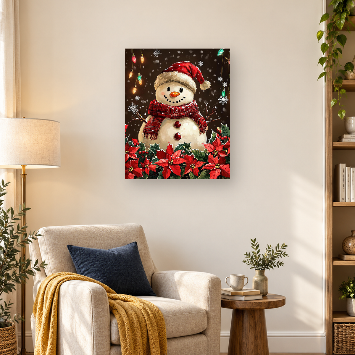 MalaMind Gallery V3 | 03 Lifestyle Hero | CH-260921-069 | Smiling snowman in a Santa hat and red scarf surrounded by poinsettias, holly, lights, and snowflakes