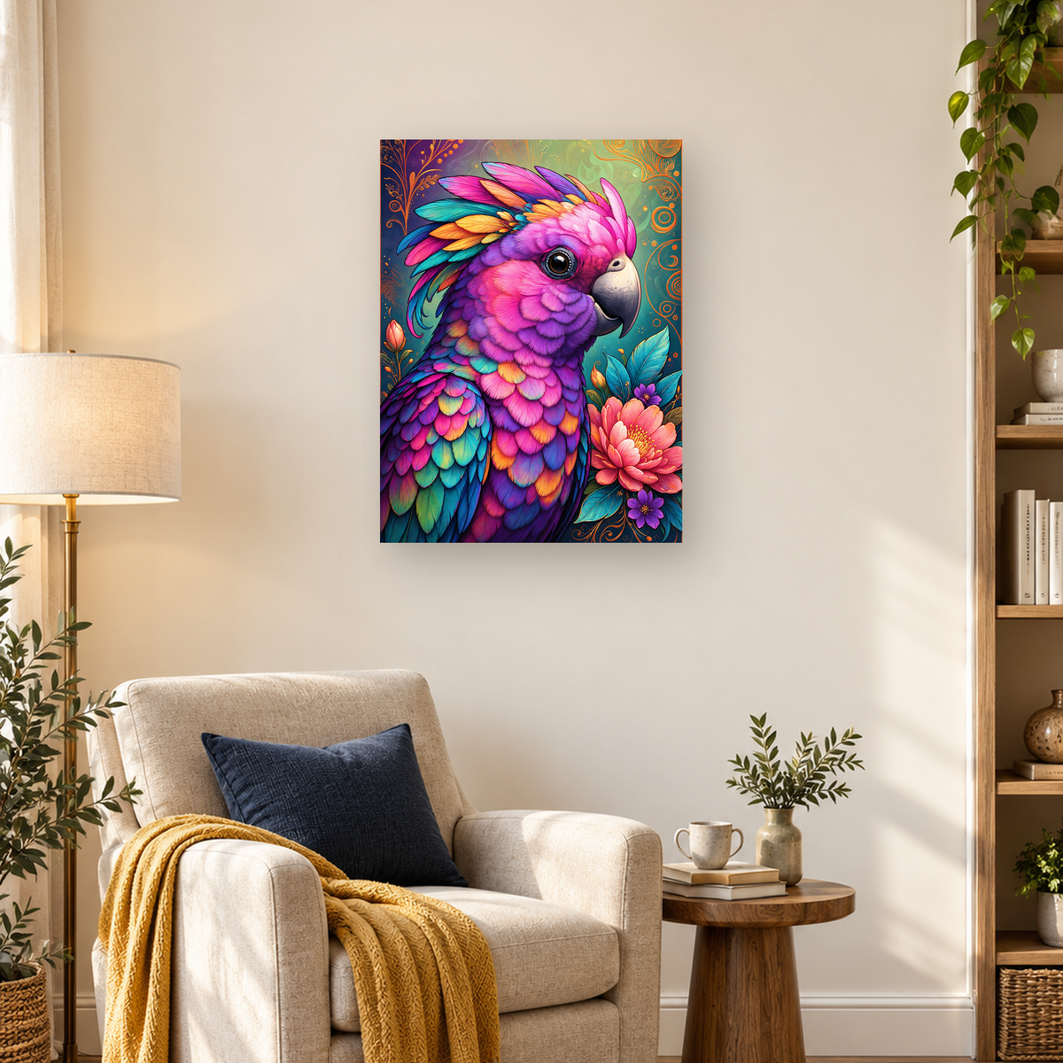 Colorful parrot with layered feathers, pink flowers, teal leaves, and orange ornamental swirls — 03_lifestyle_hero