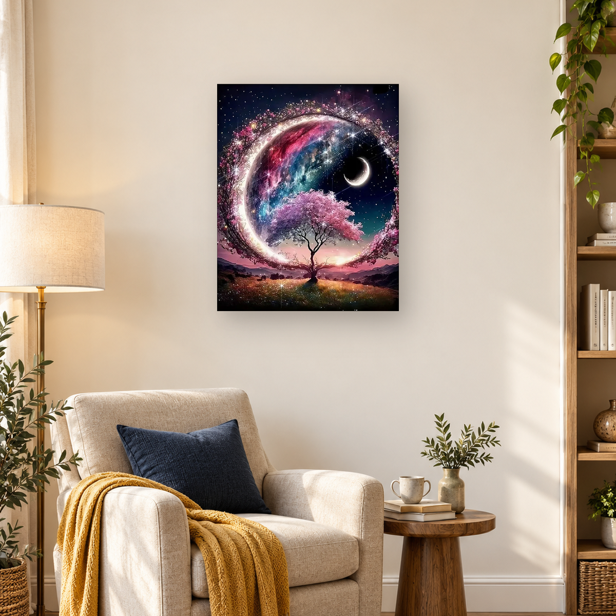 Pink flowering tree beneath a glowing cosmic arch with crescent moon, stars, mountains, and grassy foreground — 03_lifestyle_hero