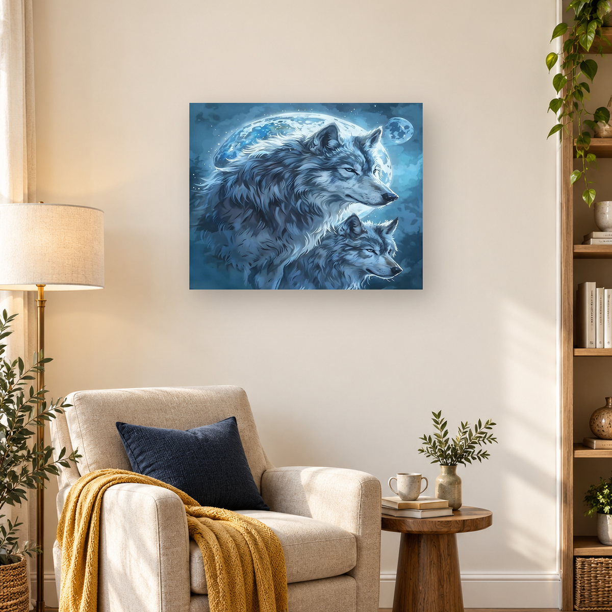 Two blue-gray wolves beneath a large moon and stars in a deep blue night sky. — 03_lifestyle_hero