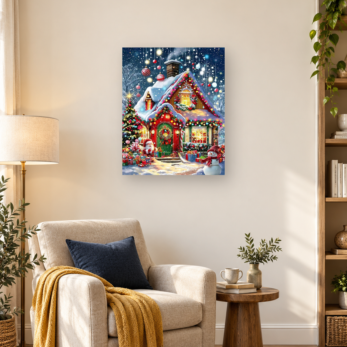 Snow-covered Christmas cottage with lights, tree, Santa, presents, and snowman beneath a snowy night sky